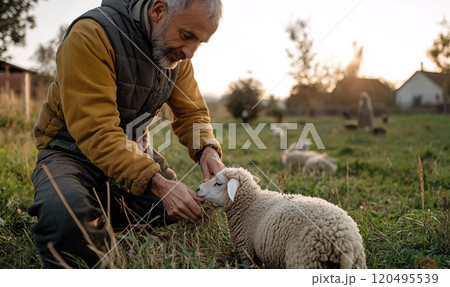 Farmer feeding lamb in a scenic pasture 120495539