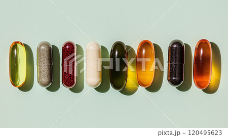 Macro Shot of Colorful Assorted Pills on Pastel Background 120495623