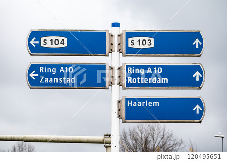 Sign of main roads and cities at an industrial park in Amsterdam, The Netherlands 120495651