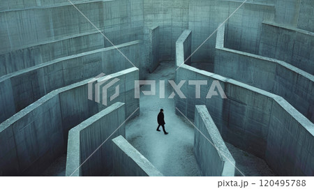 Man inside concrete labyrinth, person walks in surreal endless maze, aerial view. Concept of lost, problem, uncertainty, business, obstacle, way, stress 120495788