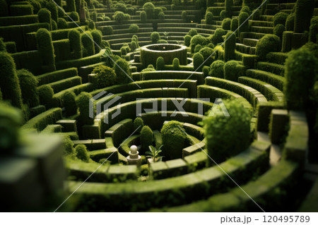 Hedge maze, green labyrinth of trimmed bushes in landscaped garden. Aerial view of abstract geometric pattern of plants in park. Concept of nature, fantasy, feature 120495789