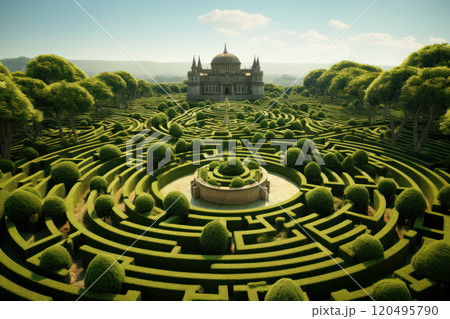 Hedge maze and castle, aerial view of green labyrinth of trimmed bushes in landscaped garden, abstract geometric pattern of plants. Concept of nature, fantasy, shape, puzzle 120495790
