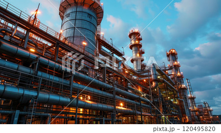 Oil and gas refinery plant or petrochemical industry, factory pipes after sunset. Scene of chemical petroleum industrial buildings, lights and sky. Concept of power, steel, energy 120495820