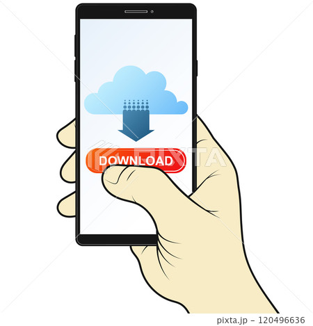 Phone in hand downloading files from the cloud 120496636