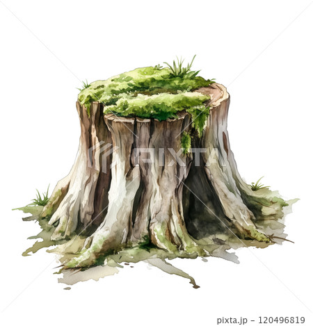 Watercolor Illustration of a Tree Stump Covered with Moss, Rustic Nature Design on Transparent Background Watercolor Illustration of a Tree Stump Covered with Moss, Rustic Nature Design on Transparent Background 120496819