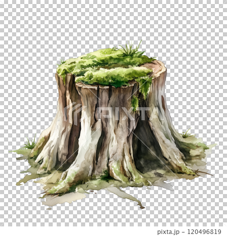 Watercolor Illustration of a Tree Stump Covered with Moss, Rustic Nature Design on Transparent Background Watercolor Illustration of a Tree Stump Covered with Moss, Rustic Nature Design on Transparent Background 120496819