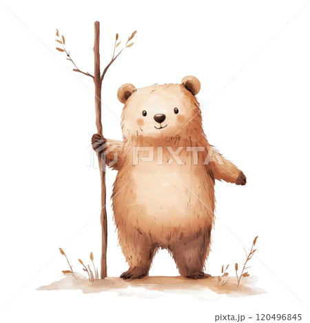 Watercolor Illustration of a Cute Bear Holding a Stick, Whimsical Forest Character on Transparent Background 120496845