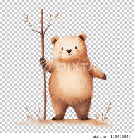 Watercolor Illustration of a Cute Bear Holding a Stick, Whimsical Forest Character on Transparent Background 120496845