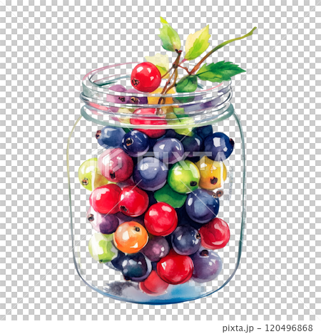 Watercolor Illustration of a Jar Filled with Colorful Berries, Artistic Food Design on Transparent Background 120496868