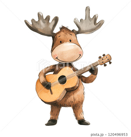 Watercolor illustration of a moose playing guitar on a transparent background. Ideal for music-themed designs, wildlife illustrations, children's projects, and forest character art. 120496953