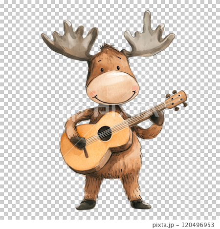 Watercolor illustration of a moose playing guitar on a transparent background. Ideal for music-themed designs, wildlife illustrations, children's projects, and forest character art. 120496953