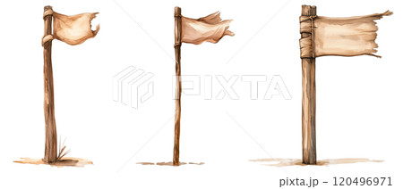 Watercolor Illustration of a Tattered Flag on a Wooden Pole, Rustic Fantasy Design on Transparent Background 120496971