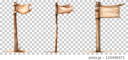 Watercolor Illustration of a Tattered Flag on a Wooden Pole, Rustic Fantasy Design on Transparent Background 120496971