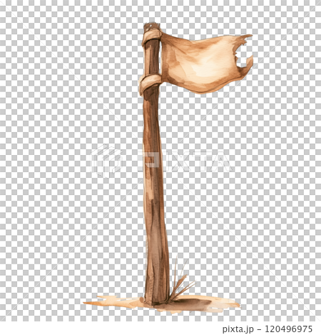 Watercolor Illustration of a Tattered Flag on a Wooden Pole, Rustic Fantasy Design on Transparent Background 120496975