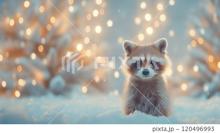 A raccoon is quietly sitting in the soft snow while gazing at the camera, copy space A raccoon is quietly sitting in the soft snow while gazing at the camera, copy space 120496993