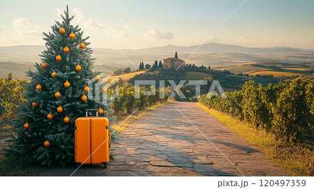 Christmas Tree and Suitcase on Vineyard Path Christmas Tree and Suitcase on Vineyard Path 120497359