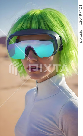 砂漠で洗練されたVRグラスをかけたグリーンの髪の女性 120497421