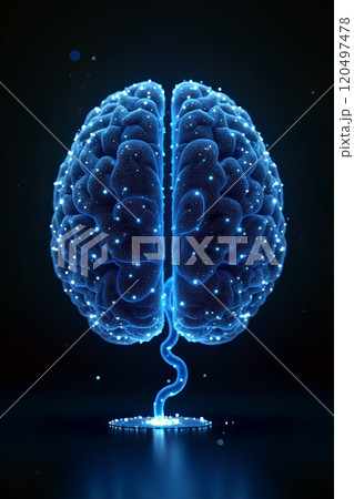 A glowing blue digital brain with neural connections against a dark background 120497478