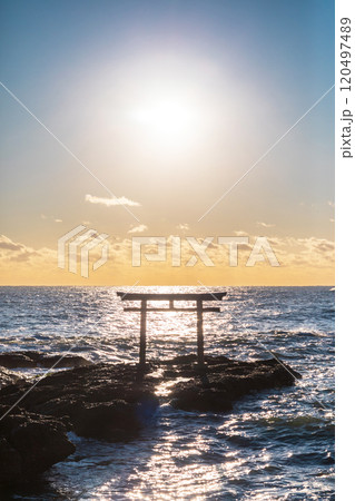 「茨城県」海辺に佇む磯前神社の鳥居　大洗海岸 120497489