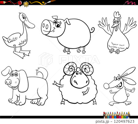 cartoon farm animals characters set coloring page 120497623