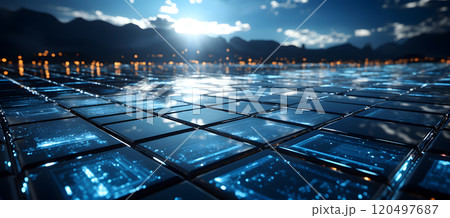 solar energy panels in a field at sunset. renewable energy concept. ecology. energy industry 120497687