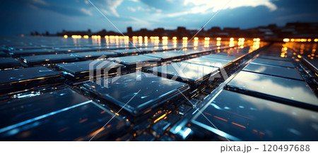 solar energy panels in a field at sunset. renewable energy concept. ecology. energy industry 120497688