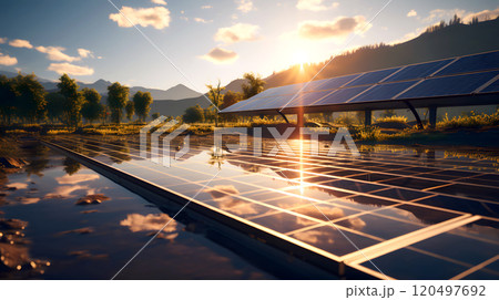solar energy panels in a field at sunset. renewable energy concept. ecology. energy industry 120497692