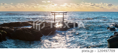 「茨城県」海辺に佇む磯前神社の鳥居　大洗海岸 120497709