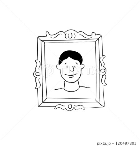 Doodle framed portrait of a young and happy man. A reflection in the vintage mirror. Painting sketch. 120497803