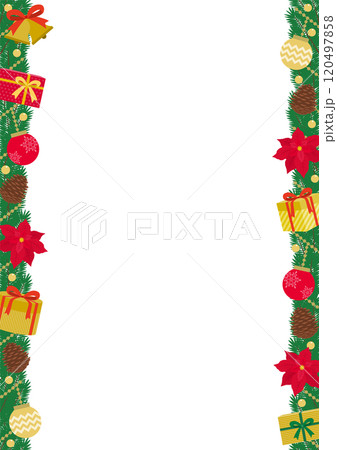 ベルやポインセチアで飾りつけた縦長のクリスマスリースのフレームイラスト 120497858