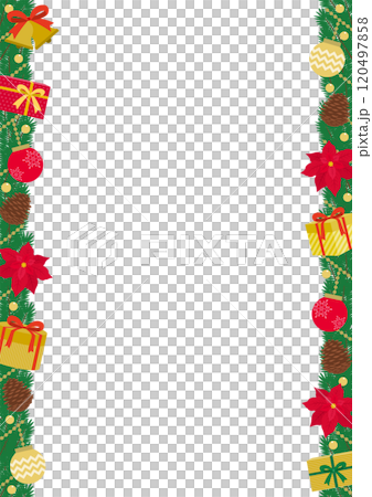 ベルやポインセチアで飾りつけた縦長のクリスマスリースのフレームイラスト 120497858