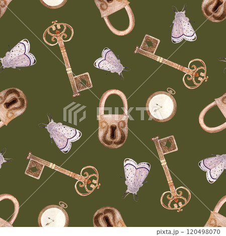 Antique lock with key, pink moth and pocket watch watercolor seamless pattern on green background. Hand painted illustration perfect for wrapping paper, textile, cards, stationary decor. Vintage Antique lock with key, pink moth and pocket watch watercolor seamless pattern on green background. Hand painted illustration perfect for wrapping paper, textile, cards, stationary decor. Vintage 120498070