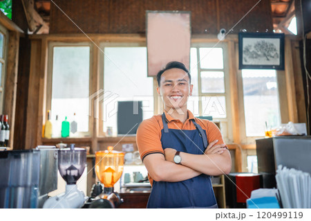 confident male barista coffee shop standing confident male barista coffee shop standing 120499119
