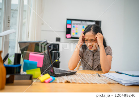 Overwhelmed Woman Struggling to Manage Stress While Working from Home Office Overwhelmed Woman Struggling to Manage Stress While Working from Home Office 120499240