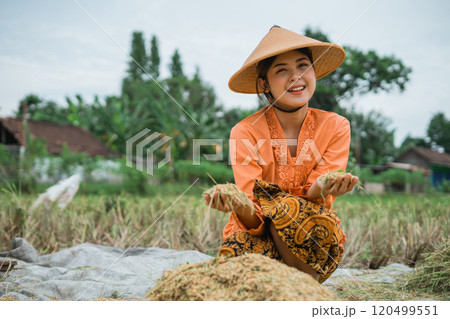 A Joyful Young Farmer is Holding a Bundle of Rice in a Lush Green Field 120499551