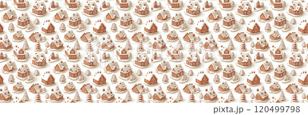 Seamless pattern of festive gingerbread houses and snowy trees for holiday design 120499798