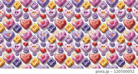 Colorful heart and animal shaped candies pattern - sweet confectionery art 120500052