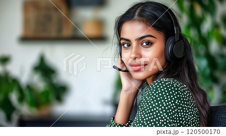 Confident customer service representative with headset in office environment 120500170