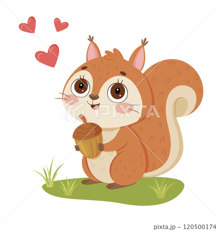 Cute squirrel with an acorn. Pet character Hand drawn trendy flat style isolated 120500174