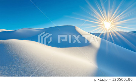 Sunlit snowy dunes with clear blue sky and radiant sunburst Sunlit snowy dunes with clear blue sky and radiant sunburst 120500190