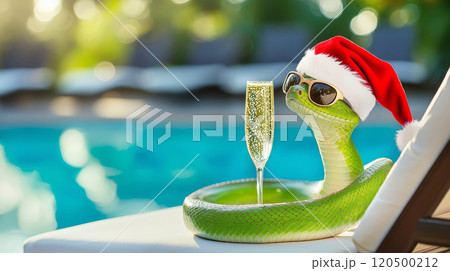 Festive snake in santa hat relaxing poolside with sparkling drink 120500212