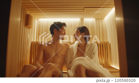 Asian couple enjoying relaxation in modern sauna environment 120500320