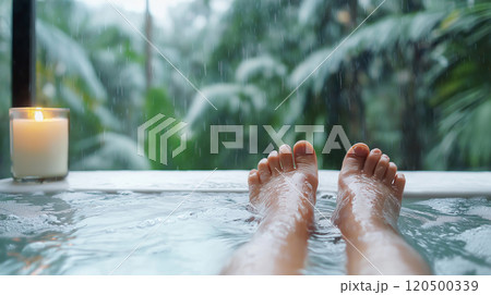 First person view on feet in bath with candlelight and tropical rainforest around First person view on feet in bath with candlelight and tropical rainforest around 120500339
