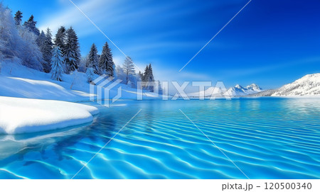 Serene winter lake with snow-covered pines and clear blue sky reflections Serene winter lake with snow-covered pines and clear blue sky reflections 120500340
