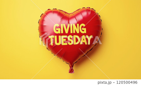 GIVING TUESDAY red heart balloon on vibrant yellow background promoting charity and generosity 120500496