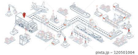 An integrated global logistics network combining air, road, and maritime transport with automated warehousing, robotic systems, and intelligent inventory management. Vector illustration EPS 10 120501004