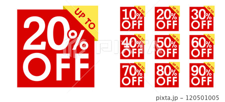Sale tags set vector badges template, up to 10, 20, 30, 40, 50, 60, 70, 80, 90 percent off, vector illustration isolated on white background. Price off tag icon flat design collection set. Up to 120501005