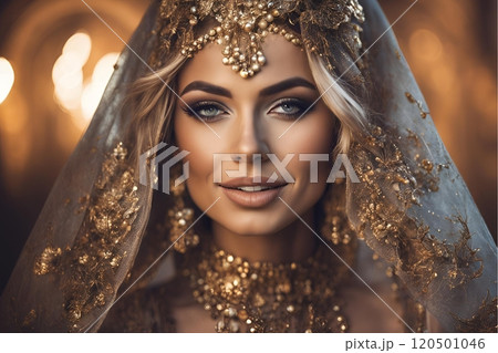 2100年トレンドを意識した西洋人ヘアメイクスタイル女性像を生成AIで表現しました（横写真） 120501046