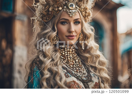 2100年トレンドを意識した西洋人ヘアメイクスタイル女性像を生成AIで表現しました（横写真） 120501099