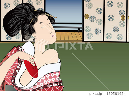 お酒を飲んでいる和服の女性と和室 120501424